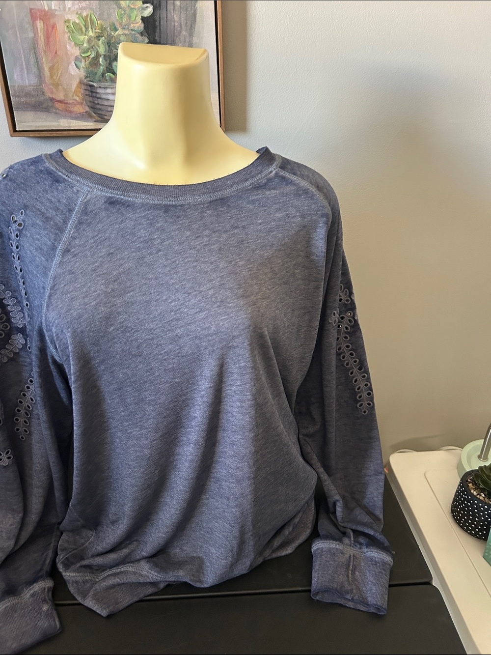Washed Blue Eyelet-Sleeve Long-Sleeve Pullover Top